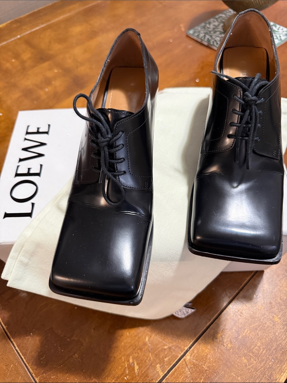 Loewe Black Leather Square-Toe Lace-Up Oxfords